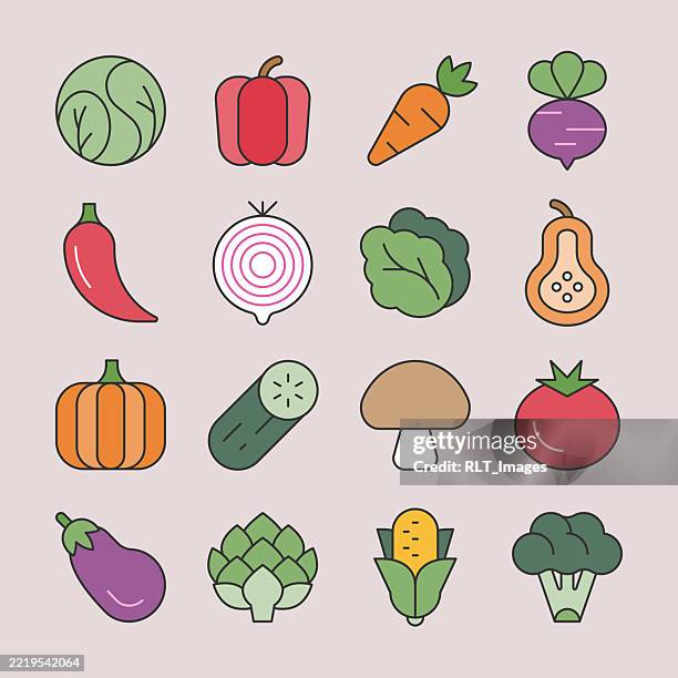 vegetable icon set — flat color monoline style - artichoke simple stock illustrations