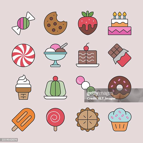 ilustraciones, imágenes clip art, dibujos animados e iconos de stock de juego de iconos de caramelos y golosinas: estilo monolínea de color plano - envoltorio de dulce
