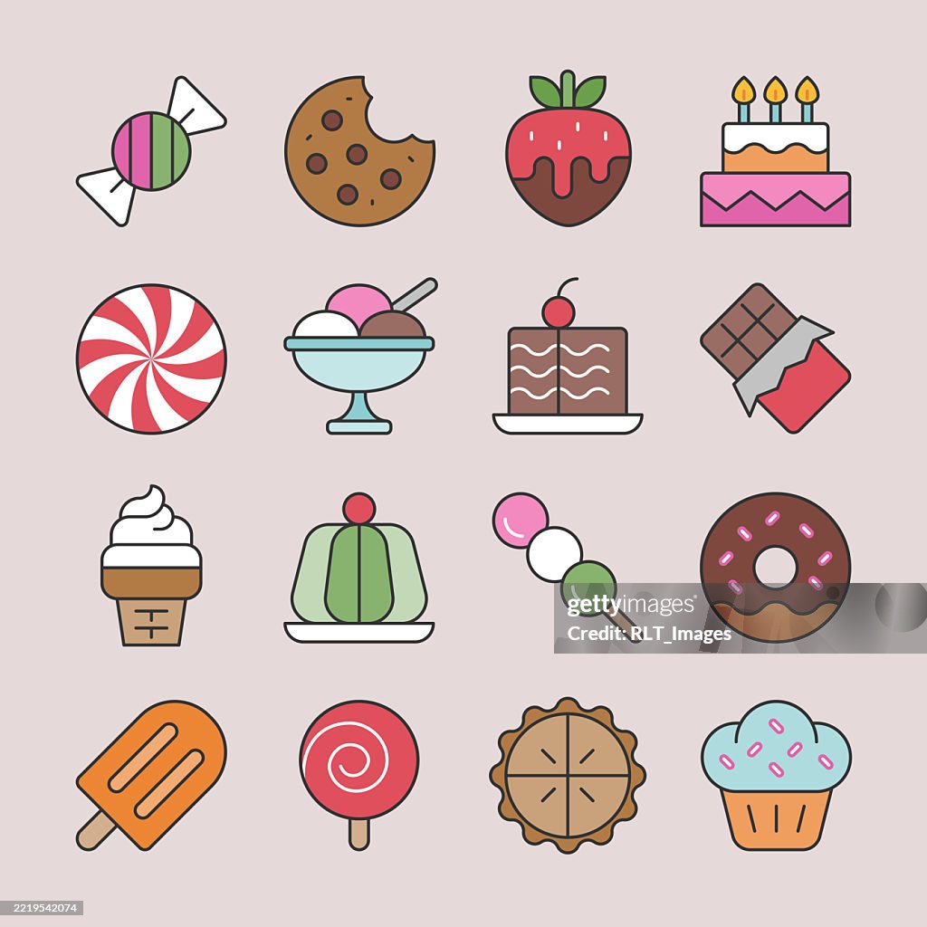 Candy & Sweets Icon Set — Flat Color Monoline Style