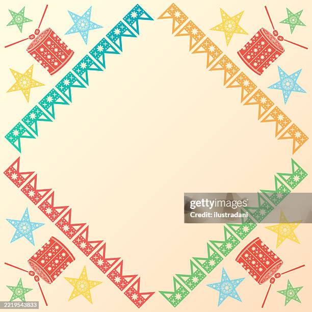 beautiful colored flags frame in cutout style with stars and snare drum - mexican paper flag stock illustrations