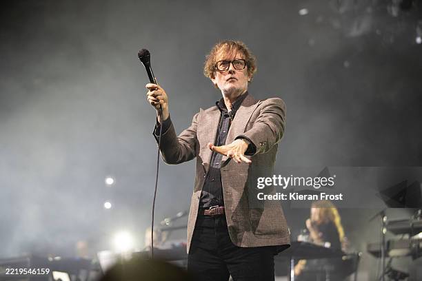 Jarvis Cocker of Pulp performs onstage during a concert at The 3Arena Dublin on June 10, 2025 in Dublin, Ireland.