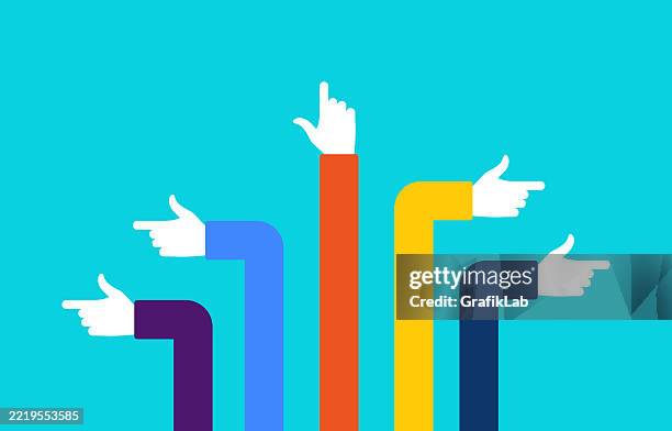 colorful arms pointing various directions blue background - hand holding piece of cake stock illustrations