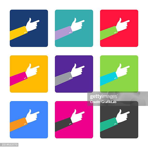 vibrant set nine icons featuring pointing hands multiple colors, symbolizing direction choice - eclectic stock illustrations