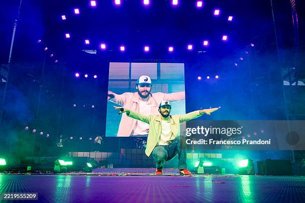 Riccardo Zanotti of Pinguini Tattici Nucleari performs at Stadio San Siro on June 10, 2025 in Milan, Italy.