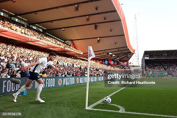 Declan Rice of England takes a corner during the international friendly match between England and Senegal at City Ground on June 10, 2025 in...