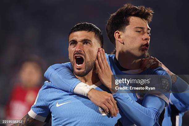 Giorgian De Arrascaeta of Uruguay celebrates with teammates after scoring the team's second goal during the FIFA World Cup 2026 South American...
