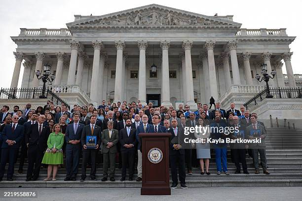 Speaker of the House Rep. Mike Johnson during a memorial vigil hosted by Johnson and House Minority Leader Rep. Hakeem Jeffries outside of the U.S....