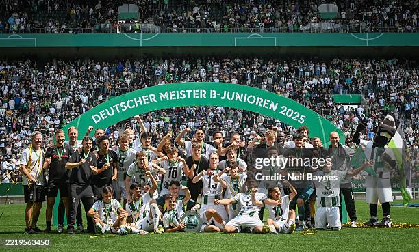 The U17 Borussia Moenchengladbach team celebrates a 3-1 victory during the DFB U17 Youth League Final between Borussia Mnchengladbach U17 and RB...