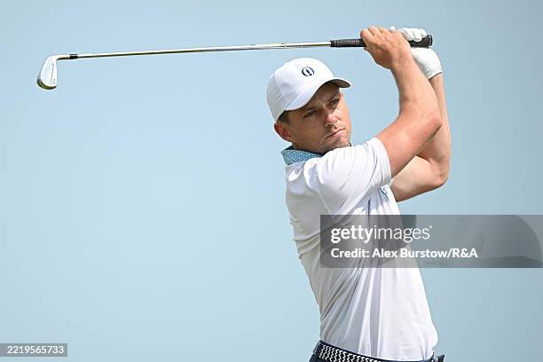 Keith Egan of Ireland tees off during a practice round ahead of the The Amateur Championship at Royal Cinque Ports Golf Club on June 15, 2025 in...