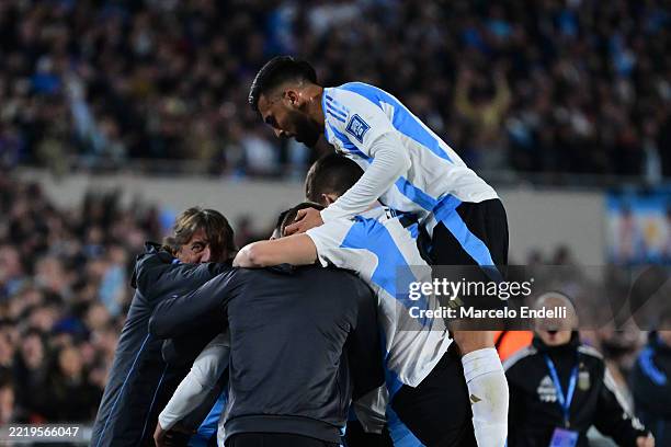 Thiago Almada of Argentina celebrates with teammates after scoring the team's first goal during the FIFA World Cup 2026 South American Qualifier...