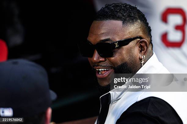 Hall of fame player David Ortiz is seen in the dugout prior to a game between the Tampa Bay Rays and Boston Red Sox at Fenway Park on June 10, 2025...