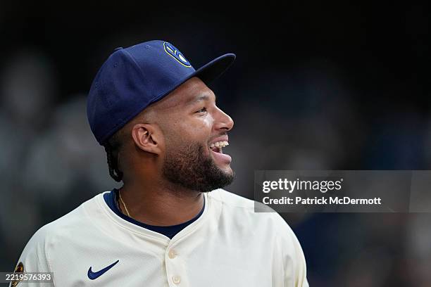 Jackson Chourio of the Milwaukee Brewers is interviewed after the Brewers defeated the Atlanta Braves 4-1 at American Family Field on June 10, 2025...