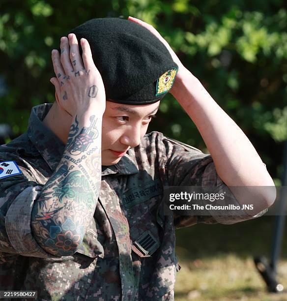 Jungkook of BTS attends a discharge ceremony held at Yeoncheon Public Stadium in Yeoncheon-gun on June 11, 2025 in Chuncheon, South Korea.