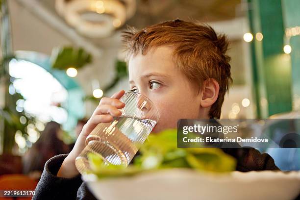 redhead child drinking water from glass in restaurant - niño-tomando-agua fotografías e imágenes de stock