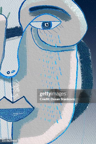blauer kubist weinen - wasserfarbe auf papier stock-grafiken, -clipart, -cartoons und -symbole