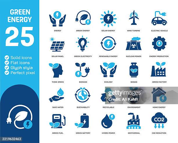 green energy glyph solid icons. containing renewable, ecology, sustainable solid icons collection. vector illustration. perfect pixel on clean white background - solid carbon dioxide stock illustrations