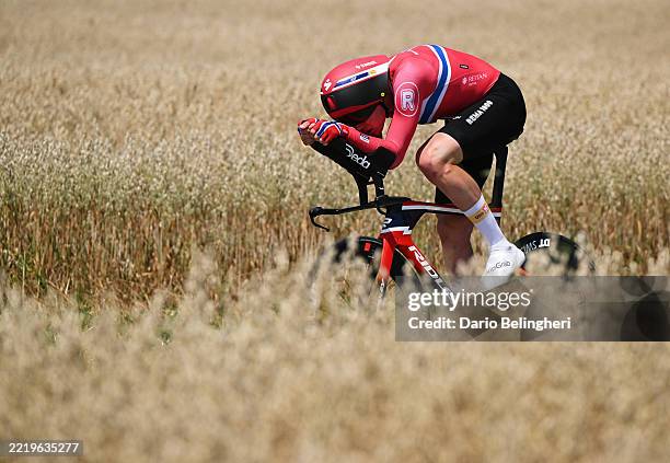 Soren Waerenskjold of Norway and Team Uno-X Mobility competes during the 77th Criterium du Dauphine 2025, Stage 4 a 17.4km individual time trial...