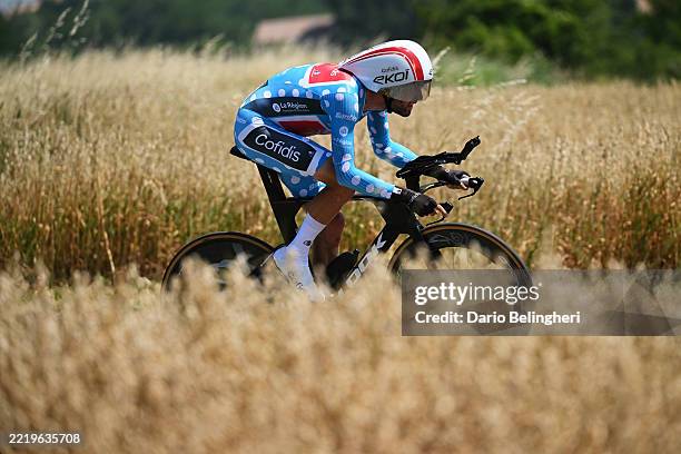 Paul Ourselin of France and Team Cofidis - Polka Dot Mountain Jersey competes during the 77th Criterium du Dauphine 2025, Stage 4 a 17.4km individual...