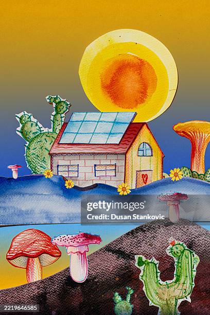 mushrooms and renewable energy - solar panels sunset stock illustrations