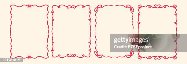 whimsical pink doodle frames with bows and hearts. cute hand-drawn coquette borders set. decorative valentine's day frames with curly lines. lovely pink garland frames collection. sweet doodle page borders with hearts and ribbons. - bow vector stock illustrations