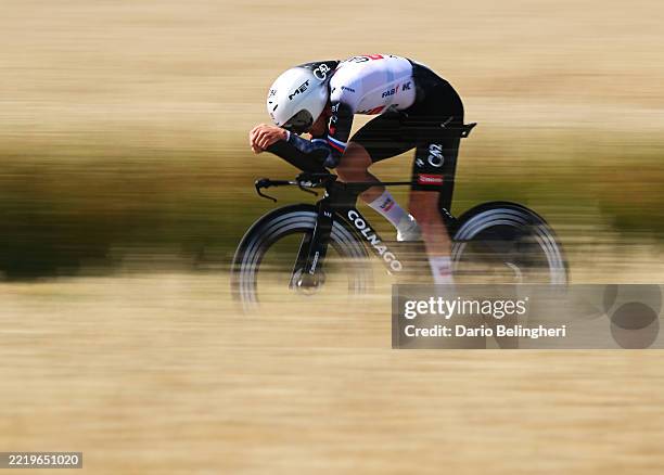 Tadej Pogacar of Slovenia and UAE Team Emirates - XRG competes during the 77th Criterium du Dauphine 2025, Stage 4 a 17.4km individual time trial...