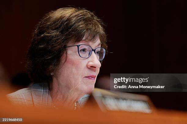 Committee Chairwoman Sen. Susan Collins speaks during a hearing with the Senate Appropriations Committee in the Dirksen Senate Office Building on...