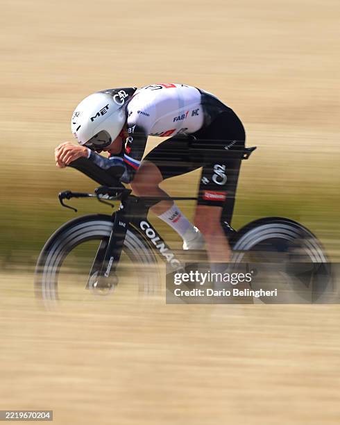 Tadej Pogacar of Slovenia and UAE Team Emirates - XRG competes during the 77th Criterium du Dauphine 2025, Stage 4 a 17.4km individual time trial...