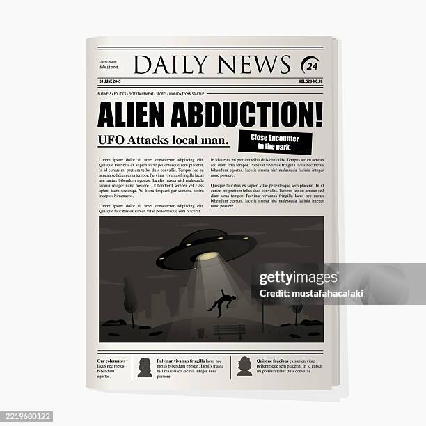 stockillustraties, clipart, cartoons en iconen met alien abduction news and illustration in the newspaper - krant