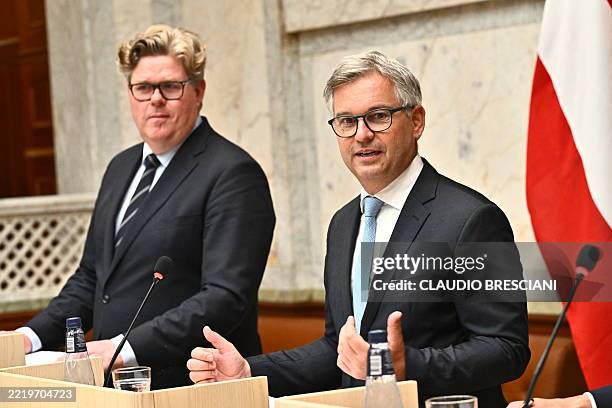 European Commissioner for Internal Affairs and Migration Magnus Brunner and Sweden's Minister of Justice Gunnar Strömmer attend a press briefing on...