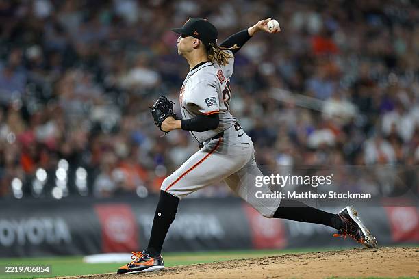 Pitcher Spencer Bivens of the San Francisco Giants throws against the Colorado Rockies in the seventh inning at Coors Field on June 10, 2025 in...
