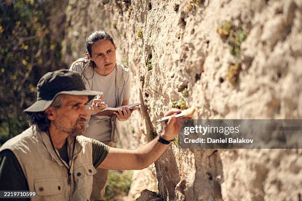 archaeologists team working on ancient cliff dwellings site - paleontologia imagens e fotografias de stock