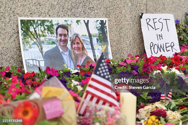 Makeshift memorial for DFL State Rep. Melissa Hortman and her husband Mark Hortman is seen at the Minnesota State Capitol building on June 16, 2025...