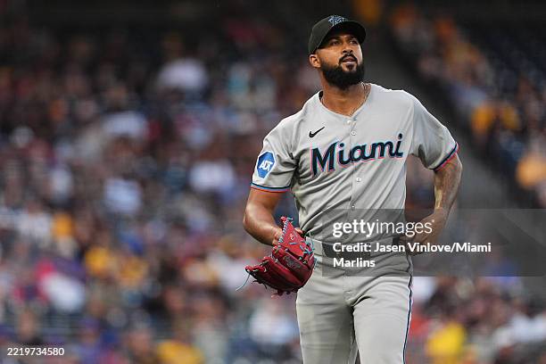 Sandy Alcantara of the Miami Marlins in the game against the Pittsburgh Pirates at PNC Park on June 10, 2025 in Pittsburgh, Pennsylvania.