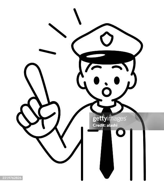 ein junger polizist, der mit dem zeigefinger nach oben zeigt, redet und erklärt, schaut den betrachter an. vorderansicht, schwarzer umriss mit flachen farben, minimalistischer stil - datenschutz grundverordnung stock-grafiken, -clipart, -cartoons und -symbole