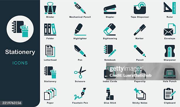 ilustraciones, imágenes clip art, dibujos animados e iconos de stock de colección de iconos sólidos de papelería. contiene bolígrafo, lápiz, cuaderno, papel, goma de borrar, sacapuntas, regla, marcador, resaltador, grapadora, clip, carpeta, pegamento en barra, tijeras, notas adhesivas, oficina - clip artículo de papelería