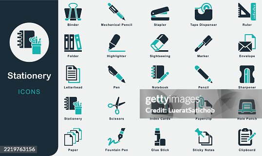 Stationery solid icons collection.Containing Pen, Pencil, Notebook, Paper, Eraser, Sharpener, Ruler, Marker, Highlighter, Stapler, Paperclip, Binder, Folder, Glue stick, Scissors, Sticky notes, Office Stationery solid icons collection.Containing Pen, Pencil, Notebook, Paper, Eraser, Sharpener, Ruler, Marker, Highlighter, Stapler, Paperclip, Binder, Folder, Glue stick, Scissors, Sticky notes, Office