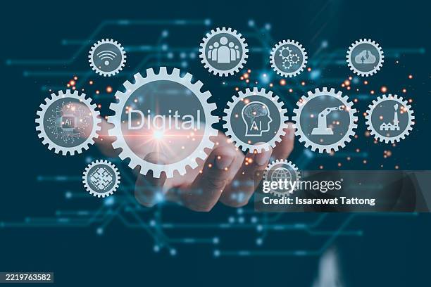 elearning technology webinar education training setup with student using laptop and tablet to access virtual courses and knowledge modules in personalized digital workspace, - digitization stock pictures, royalty-free photos & images