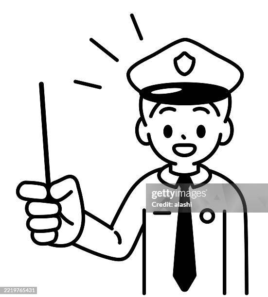 ein junger polizist, lächelnd, mit dem zeigestock eines lehrers in der hand, redend und erklärend, schaut den betrachter an. vorderansicht, schwarzer umriss mit flachen farben, minimalistischer stil - datenschutz grundverordnung stock-grafiken, -clipart, -cartoons und -symbole