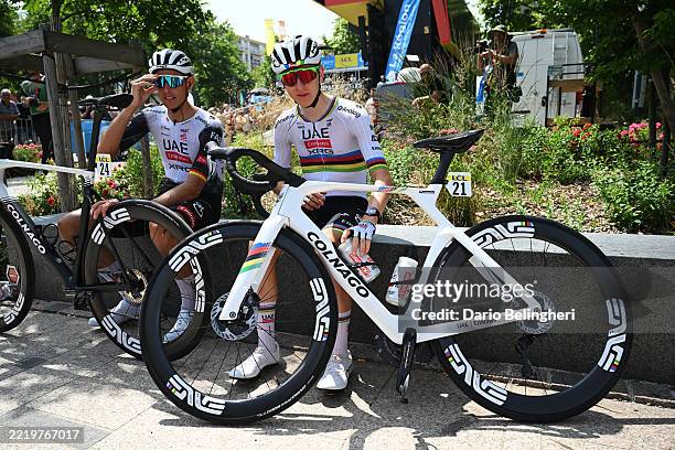 Nils Politt of Germany and Tadej Pogacar of Slovenia and UAE Team Emirates - XRG prior to the 77th Criterium du Dauphine 2025, Stage 5 a 183km stage...