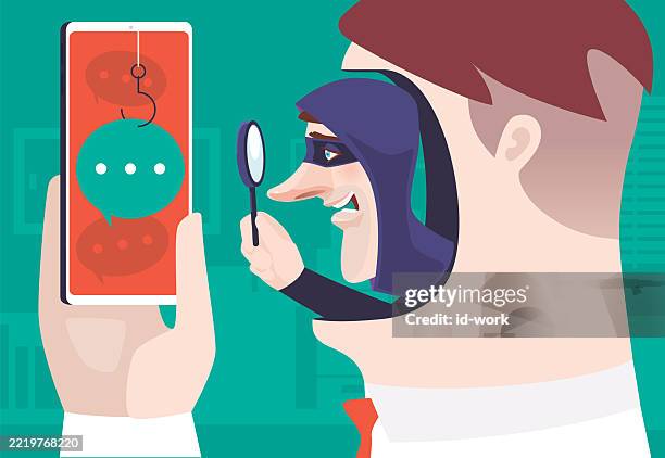 hacker with magnifying checking message on smartphone - brand name online messaging platform stock illustrations