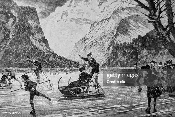 ilustrações de stock, clip art, desenhos animados e ícones de ice scating fun on the königssee, bavaria - patim de gelo