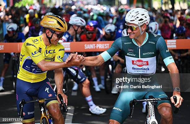Remco Evenepoel of Belgium and Team Soudal Quick-Step - Yellow leader jersey and Mathieu van der Poel of Netherlands and Team Alpecin - Deceuninck -...