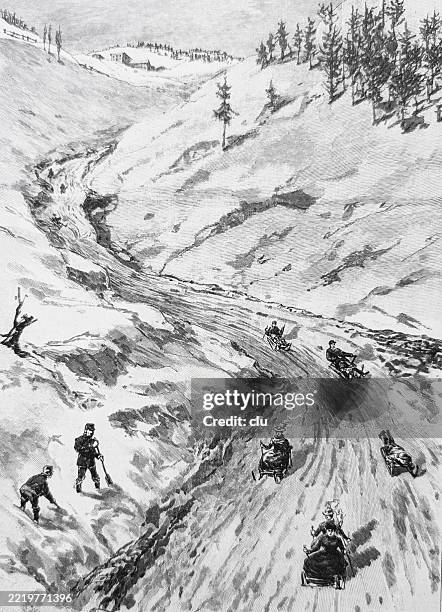 tobogganing fun in st. moritz - sledding stock illustrations