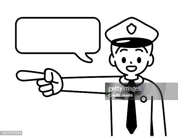 ein junger polizist, lächelnd, mit dem zeigefinger nach links oder rechts zeigend, sprechend und erklärend, schaut den betrachter an. vorderansicht, schwarzer umriss mit flachen farben, minimalistischer stil - datenschutz grundverordnung stock-grafiken, -clipart, -cartoons und -symbole