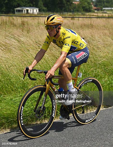 Remco Evenepoel of Belgium and Team Soudal Quick-Step - Yellow leader jersey competes during the 77th Criterium du Dauphine 2025, Stage 5 a 183km...