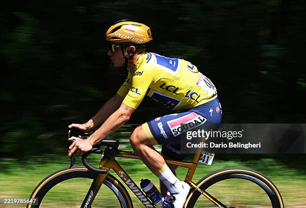 Remco Evenepoel of Belgium and Team Soudal Quick-Step - Yellow leader jersey competes during the 77th Criterium du Dauphine 2025, Stage 5 a 183km...