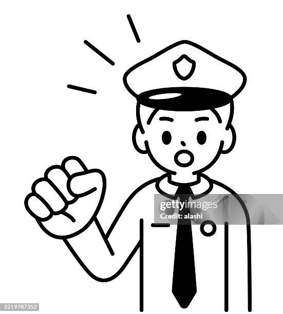 ein junger polizist, der mit der faust fuchtelt, redet ernst, schaut den betrachter an und macht ein starkes argument oder eine erklärung. vorderansicht, schwarzer umriss mit flachen farben, minimalistischer stil - datenschutz grundverordnung stock-grafiken, -clipart, -cartoons und -symbole