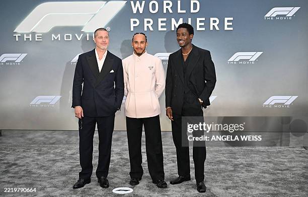 Actor and film producer Brad Pitt, British formula 1 driver and co-producer Lewis Hamilton and British actor Damson Idris attend the world premiere...