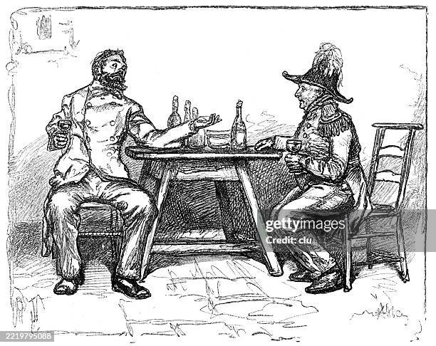 two officials talking and drinking at a table - bar table stock illustrations