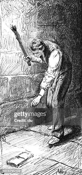 man with torch walks in a corridor and finds a document - corridor wall stock illustrations